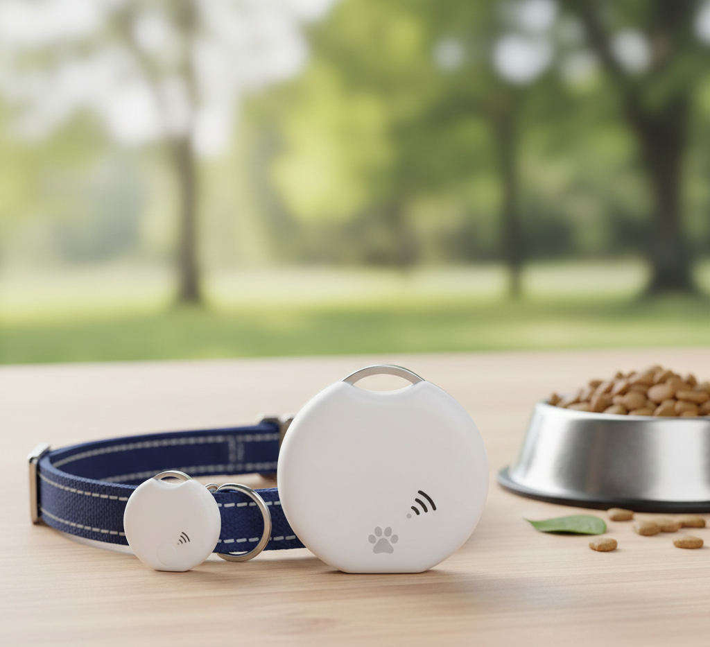 Pet tracking device with a collar on a table with a blurred outdoor background
