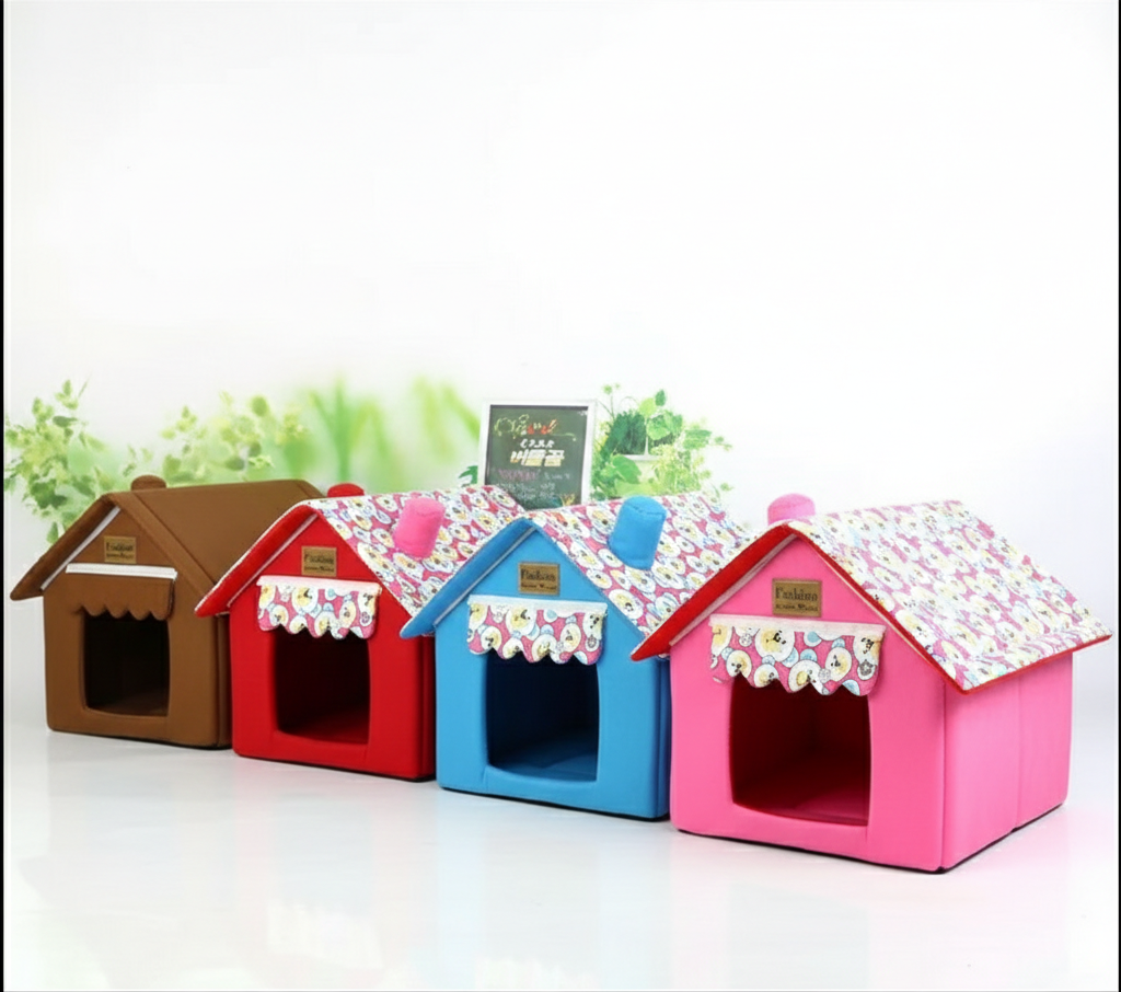 Four colorful pet houses with floral roofs on a white background