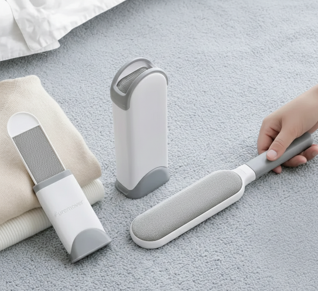 Gray and white pet hair remover on a carpet with a hand holding it.